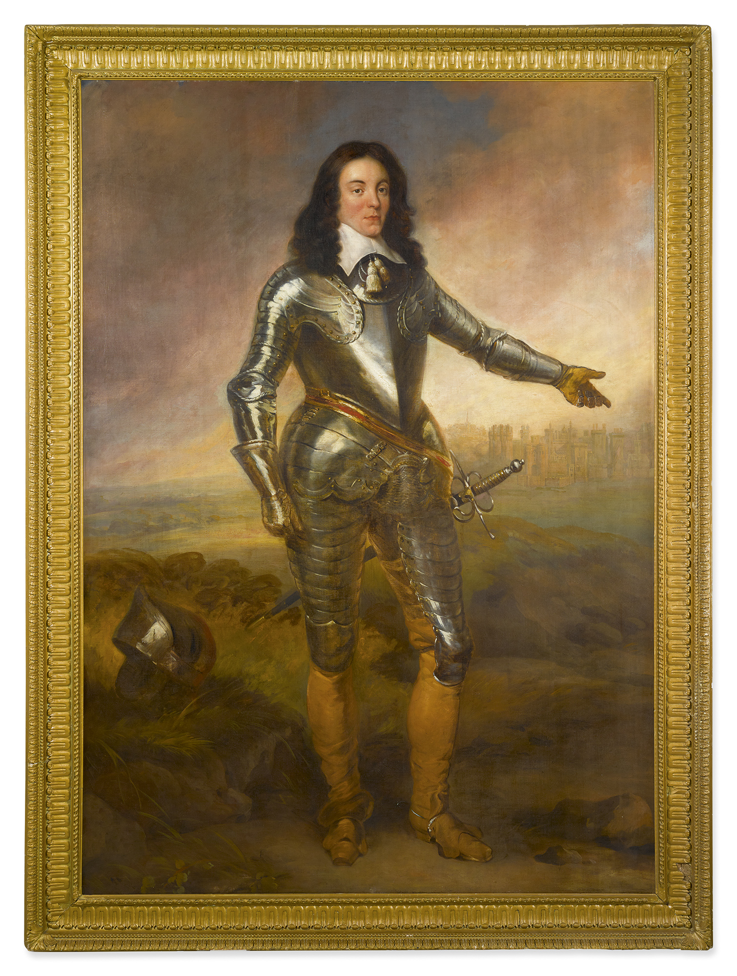 ENGLISH SCHOOL, 18TH CENTURY | PORTRAIT OF A GENTLEMAN, PROBABLY CAPTAIN JOSEPH POOLE OF SYKEHOUSE, WEARING ARMOR AND STANDING IN A LANDSCAPE