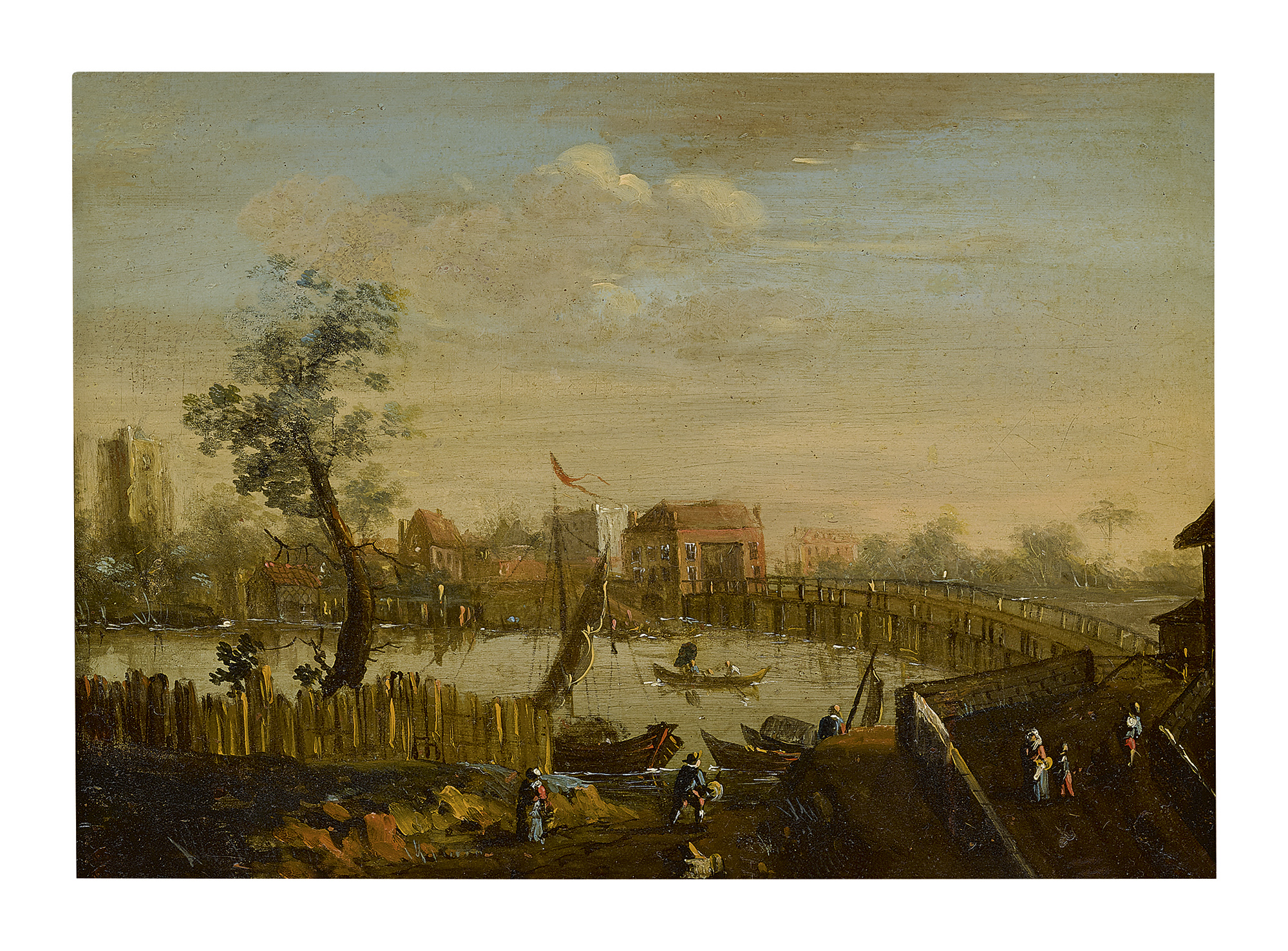 DUTCH SCHOOL, 19TH CENTURY | A RIVER LANDSCAPE WITH A BRIDGE, A VILLAGE BEYOND