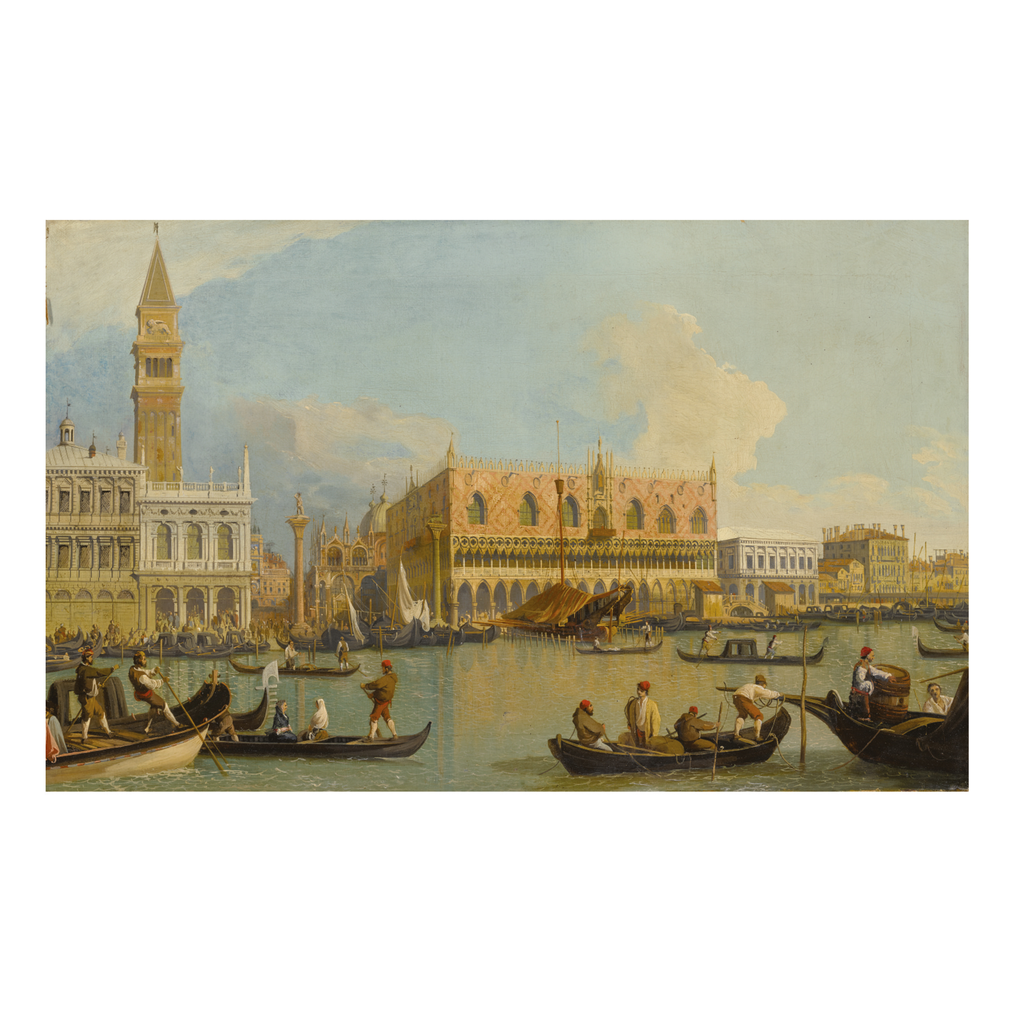 CIRCLE OF GIOVANNI ANTONIO CANAL, CALLED CANALETTO | VIEW OF THE MOLO FROM THE BACINO DI SAN MARCO, THE ZECCA AT LEFT AND PALAZZO DUCALE AT RIGHT