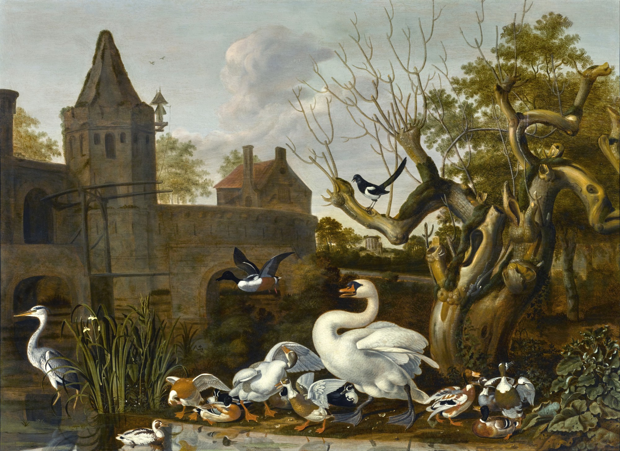 DIRCK WIJNTRACK | A CASTLE MOAT WITH A SWAN, VARIOUS DUCKS AND A HERON IN THE FOREGROUND, AND A MAGPIE IN A TREE