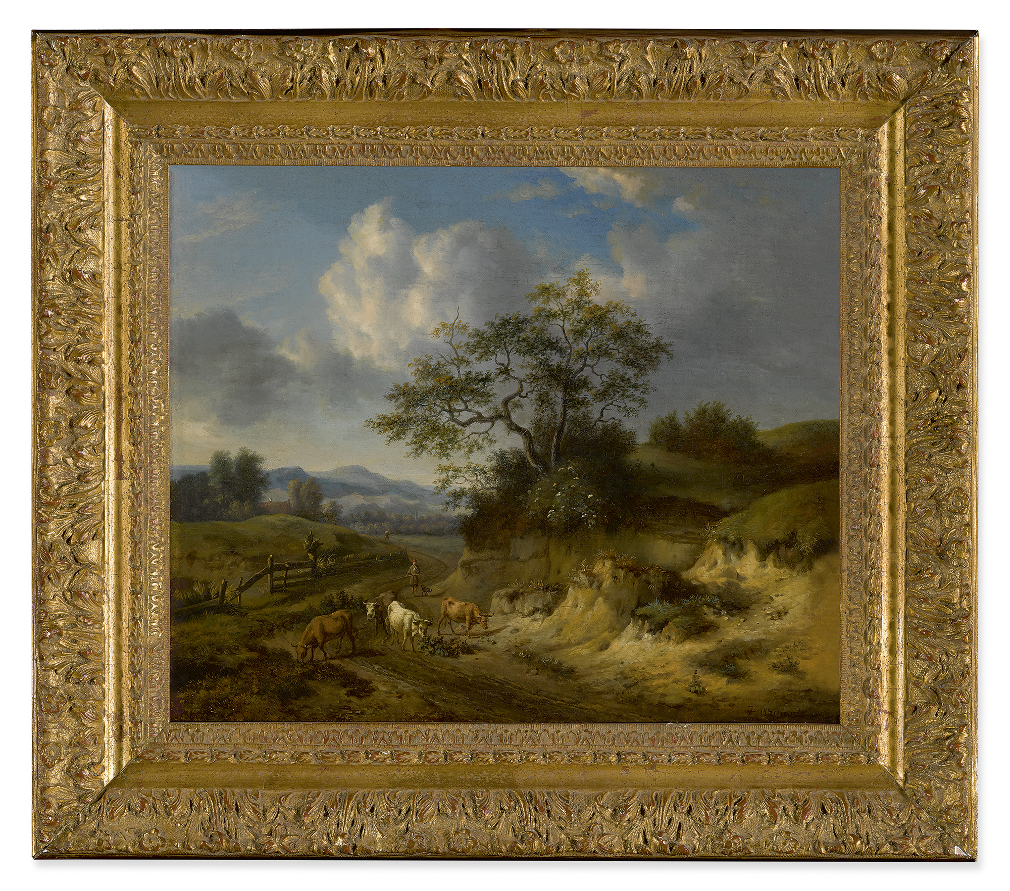 AFTER JAN WIJNANTS, 18TH CENTURY | A WOODED LANDSCAPE WITH A COWHERD ON A PATHWAY, WITH DUNES IN THE FOREGROUND AND A PASTURE AND MOUNTAINS BEYOND