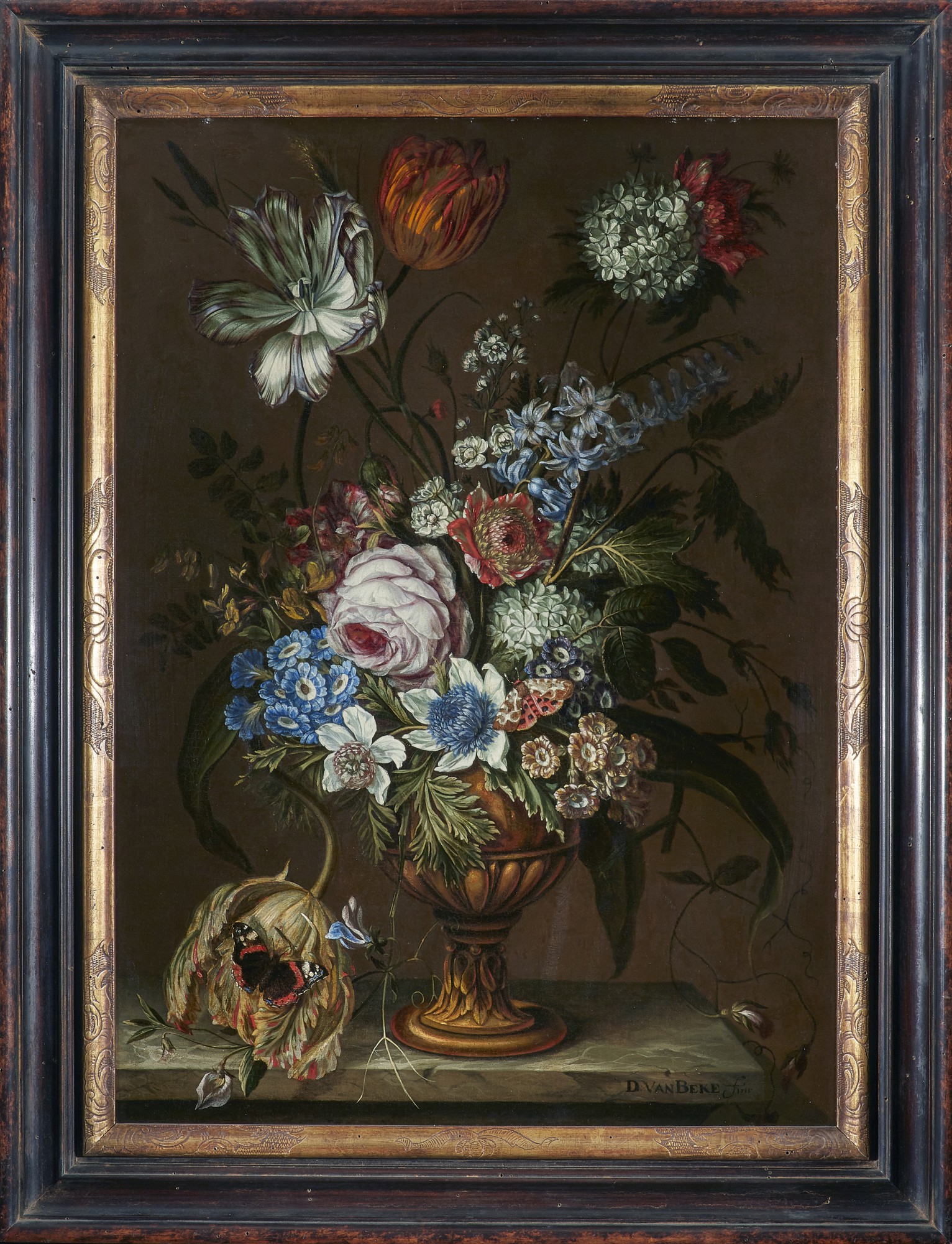 DANIEL VAN BEKE | STILL LIFE WITH ROSES, TULIPS, PRIMULAS, HYACINTHS AND OTHER SPRING FLOWERS IN A VASE ON A MARBLE LEDGE