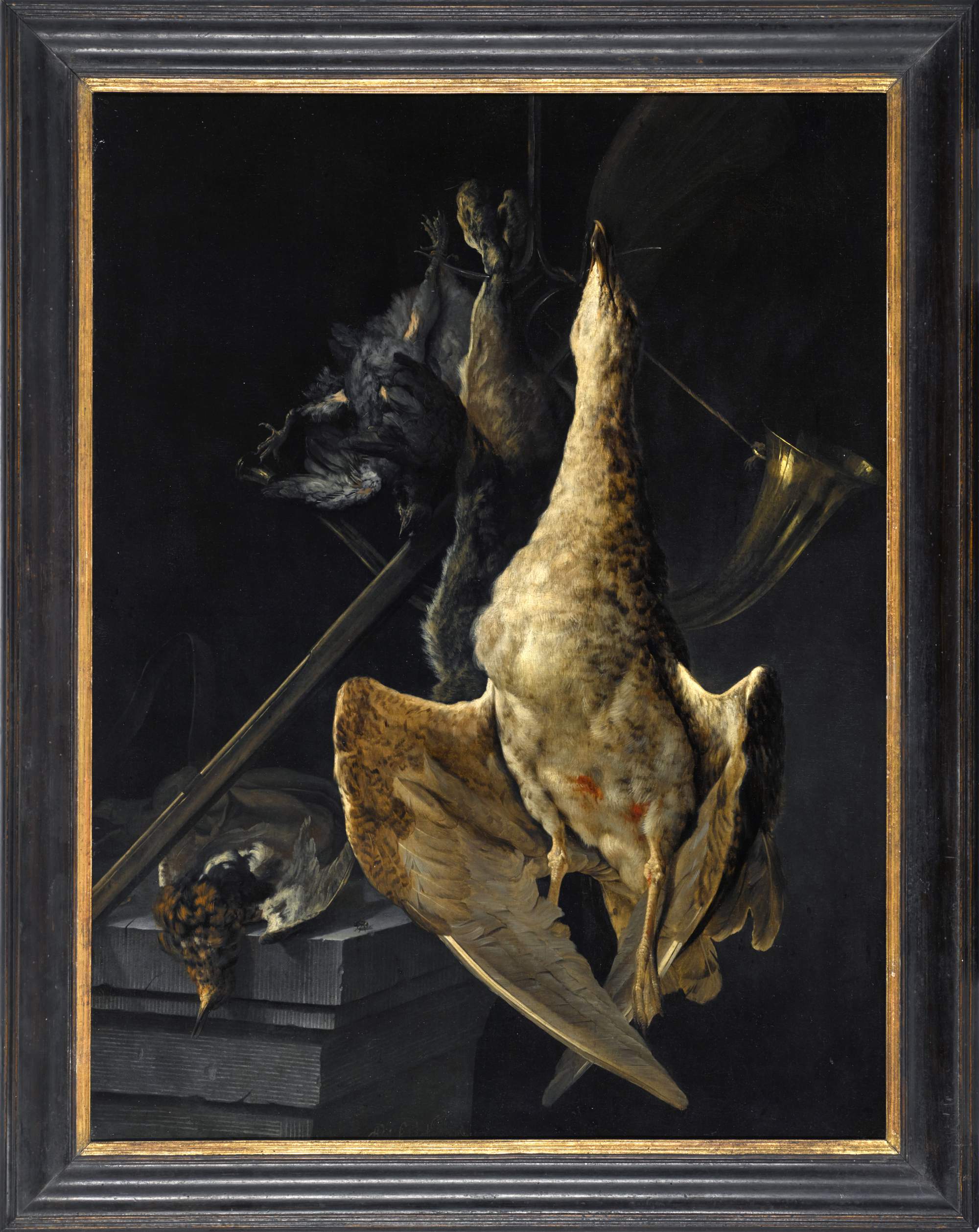 CORNELIS VAN LELIENBERGH | HUNTING STILL LIFE WITH A GOOSE, A HARE, A HUNTING HORN, A SHOTGUN AND OTHER GAME