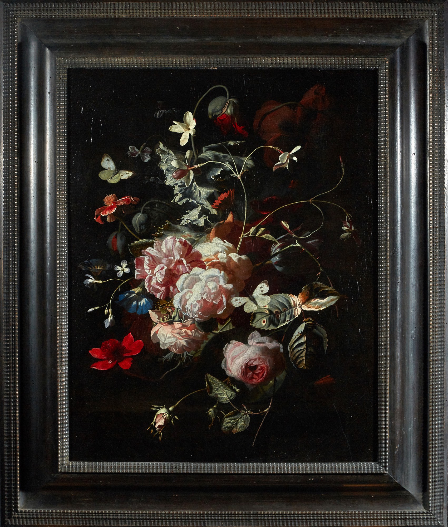 SIMON PIETERSZ. VERELST | STILL LIFE OF PINK ROSES, POPPIES, JASMINE AND OTHER FLOWERS, IN A GLASS VASE ON A TABLE, WITH BUTTERFLIES