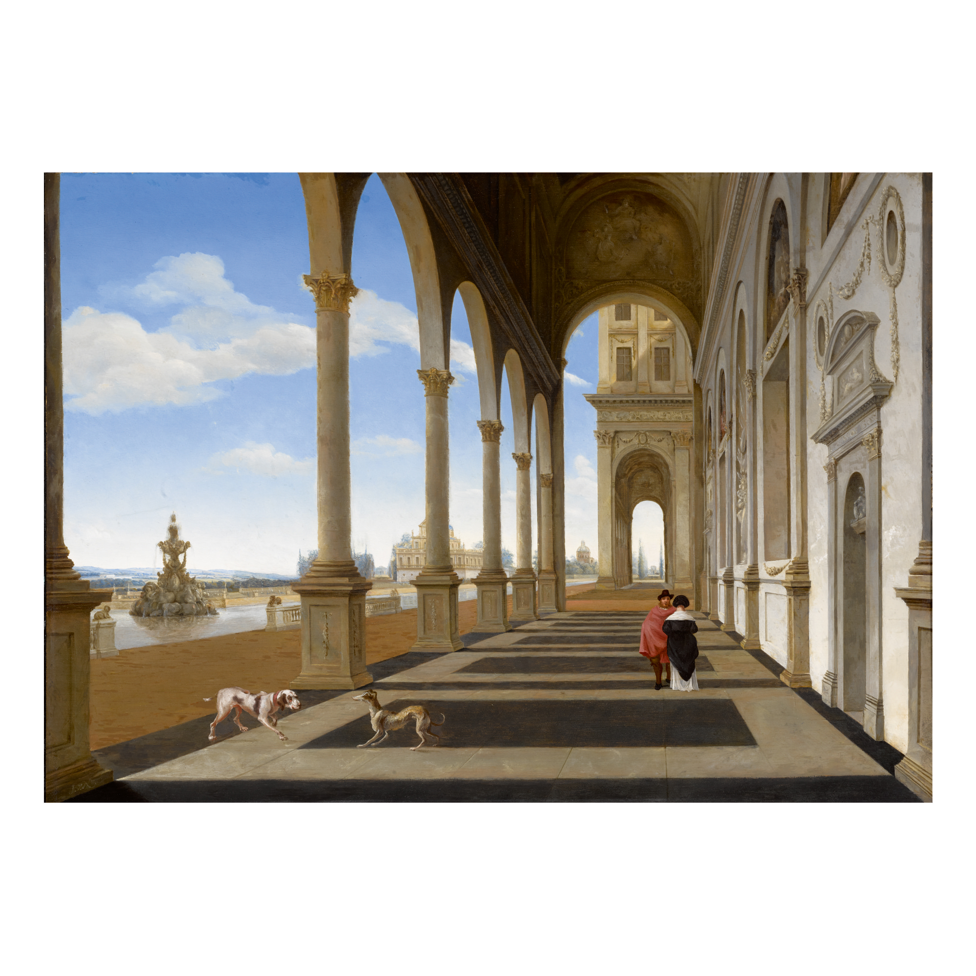ISAAK VAN NICKELEN | A PALACE COLONNADE WITH ELEGANT FIGURES AND TWO DOGS, WITH A VIEW OF A FOUNTAIN AND OTHER ARCHITECTURE IN THE DISTANCE