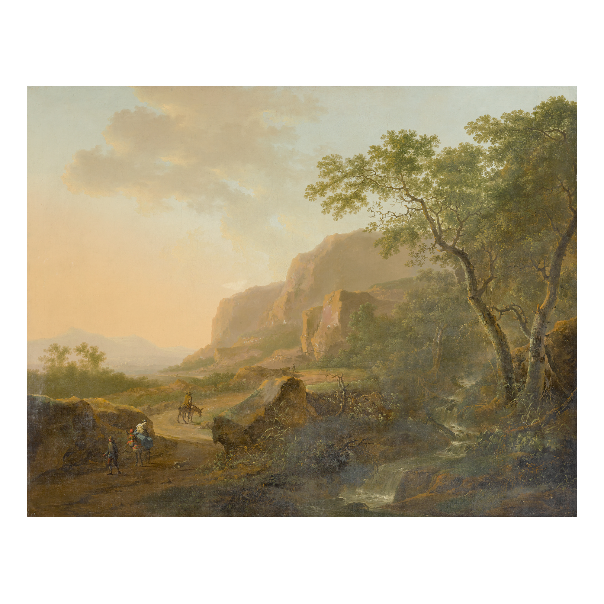 FOLLOWER OF JAN BOTH | ITALIAN LANDSCAPE WITH TRAVELERS ON A PATH, TREES AND A WATERFALL AT RIGHT, AND MOUNTAINS IN THE DISTANCE
