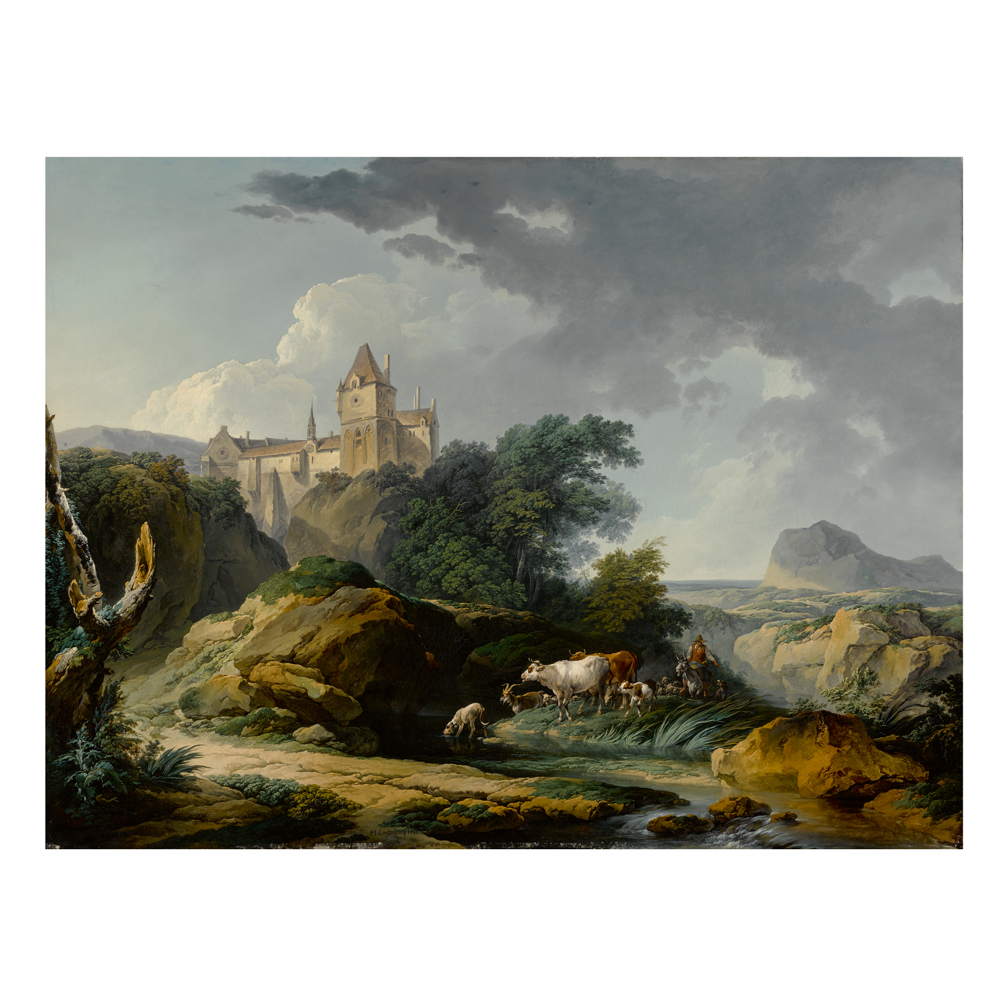 PHILIPPE JACQUES DE LOUTHERBOURG, R.A. | LANDSCAPE WITH A HERD OF CATTLE, A CASTLE ON A HILL BEYOND, KNOWN AS "MORNING AFTER THE RAIN"