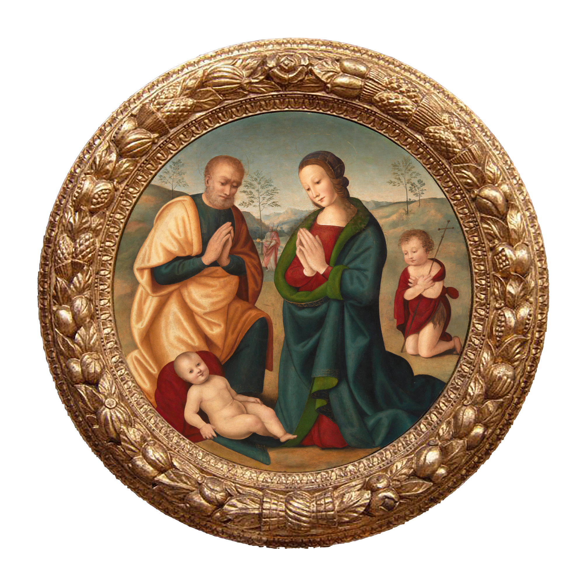 MASTER OF THE CAMPANA TONDO | HOLY FAMILY WITH ST. JOHN THE BAPTIST IN A LANDSCAPE, ST. NICHOLAS IN THE DISTANCE