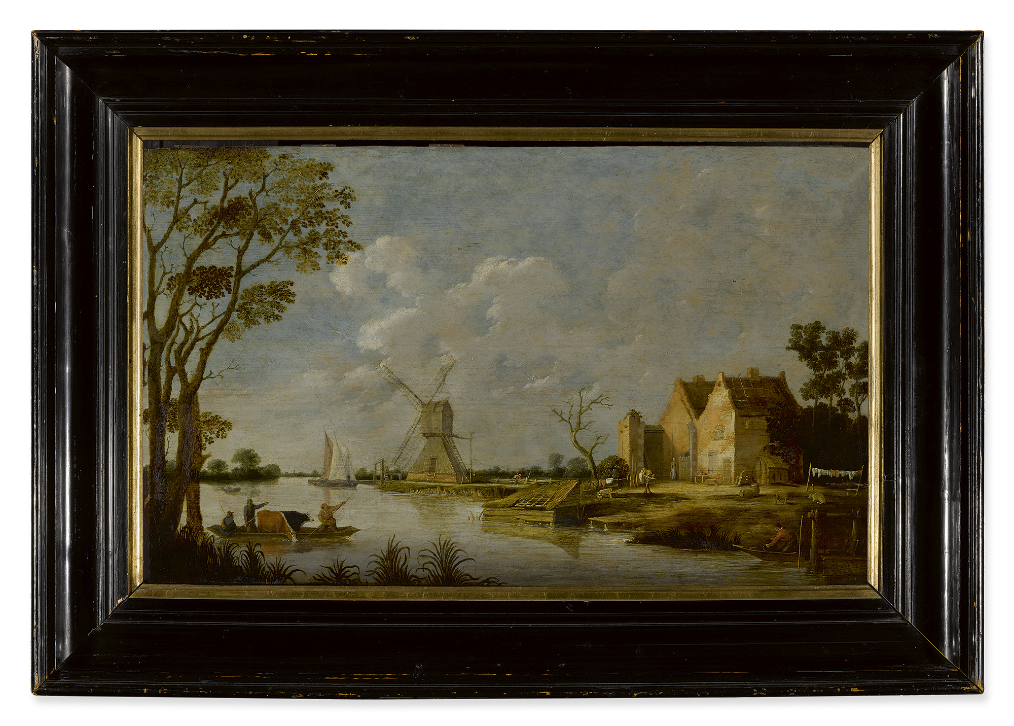 ATTRIBUTED TO PIETER DE BLOOT | A RIVERLANDSCAPE WITH FARMERS AND CATTLE ON A BOAT, AND A COTTAGE AND WINDMILL