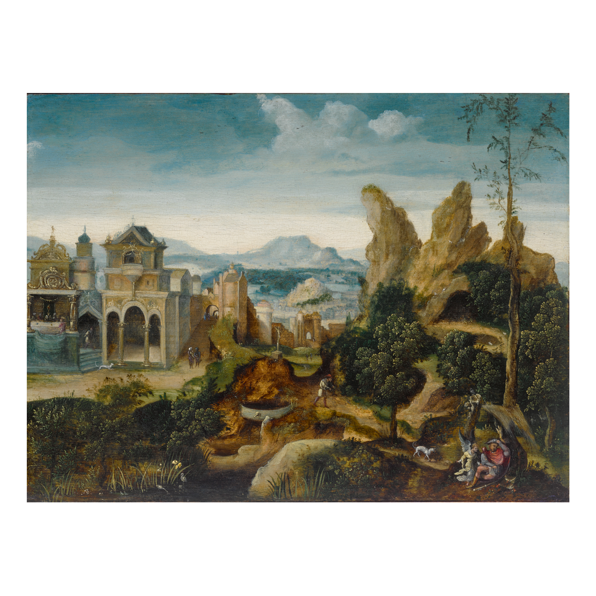 THE MASTER OF THE FEMALE HALF-LENGTHS | MOUNTAINOUS LANDSCAPE WITH ELIJAH NOURISHED BY AN ANGEL AND A RAVEN