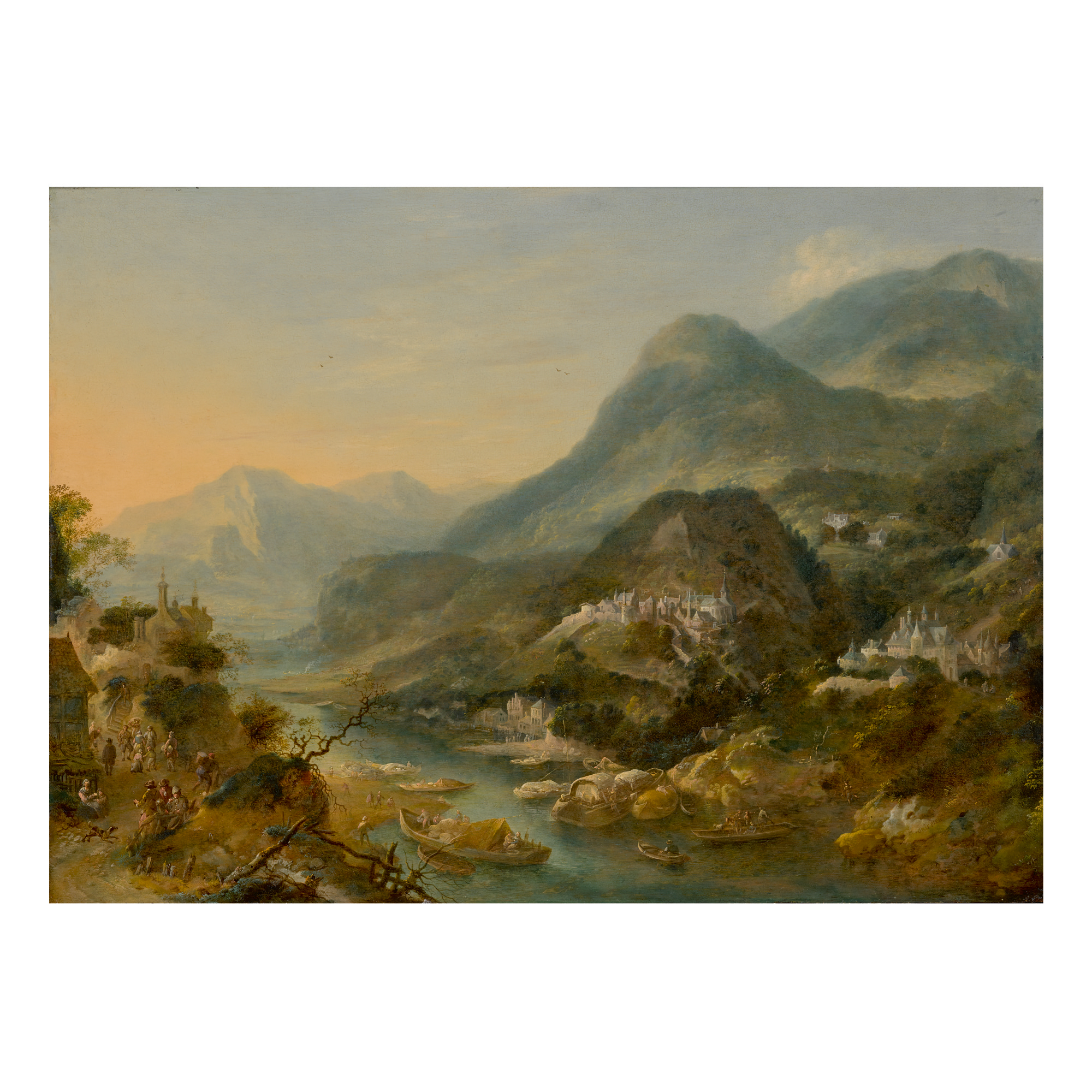JAN GRIFFIER THE ELDER | A MOUNTAINOUS RIVER LANDSCAPE WITH FIGURES AND BOATS, AS WELL AS CASTLES IN THE DISTANCE