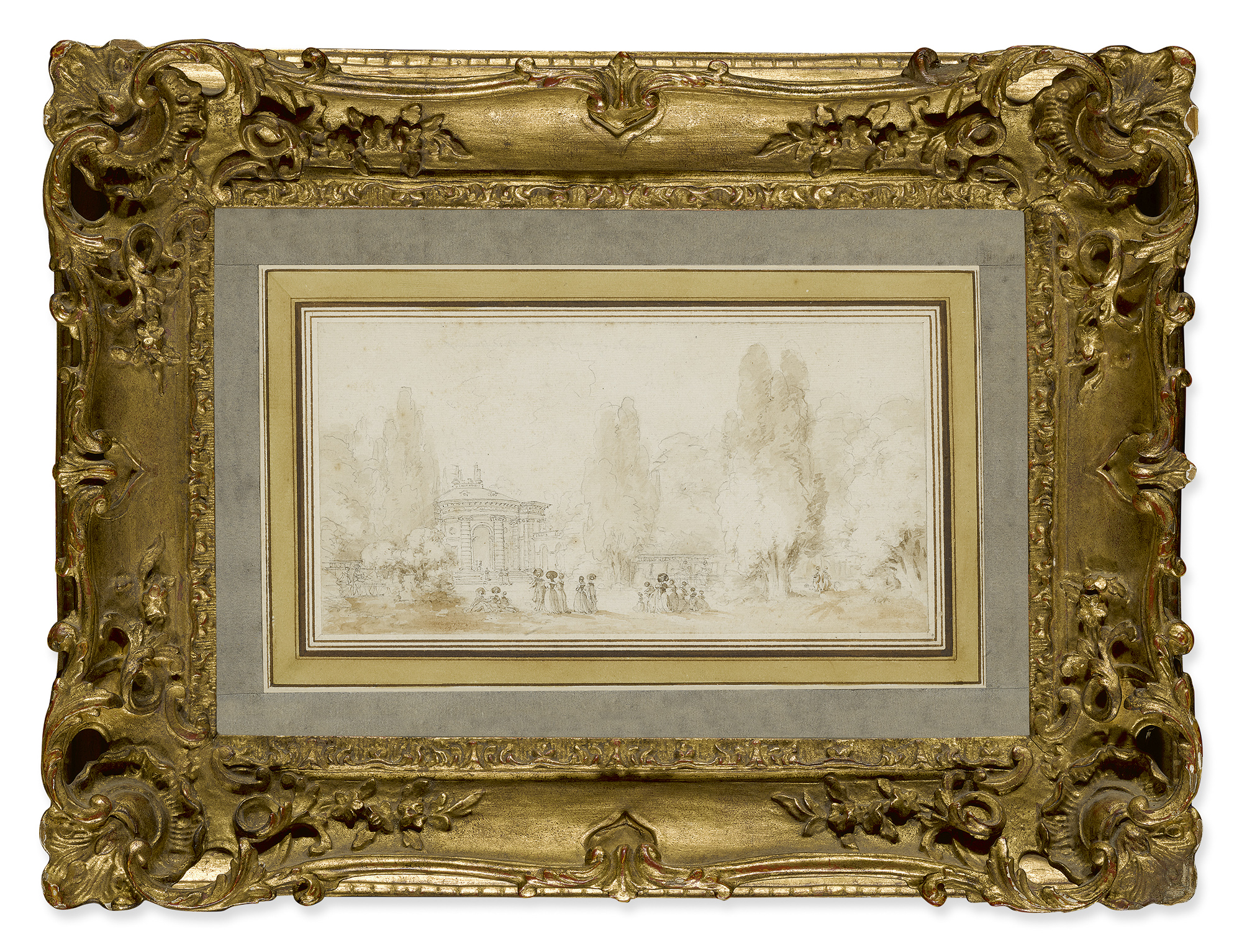 JEAN BAPTISTE MARÉCHAL | A) ELEGANT COMPANY NEAR A ROTUNDA, IN THE PARC SAINT-JAMES, NEUILLY B) ELEGANT COMPANY ON A BRIDGE, IN THE PARC SAINT-JAMES, NEUILLY