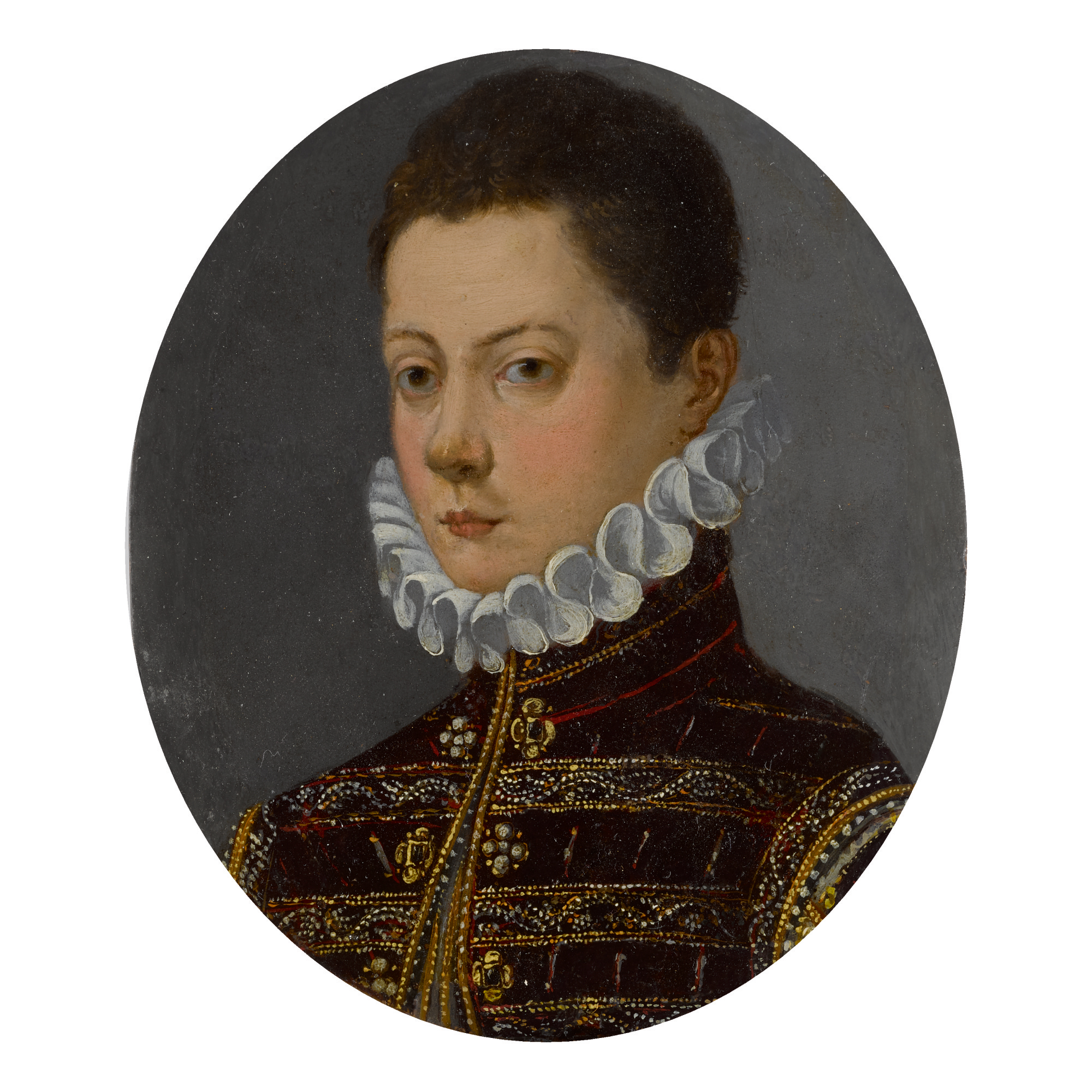 GIOVANNI MARIA BUTTERI | PORTRAIT OF A BOY IN A BURGUNDY COAT AND WHITE RUFF, BUST-LENGTH