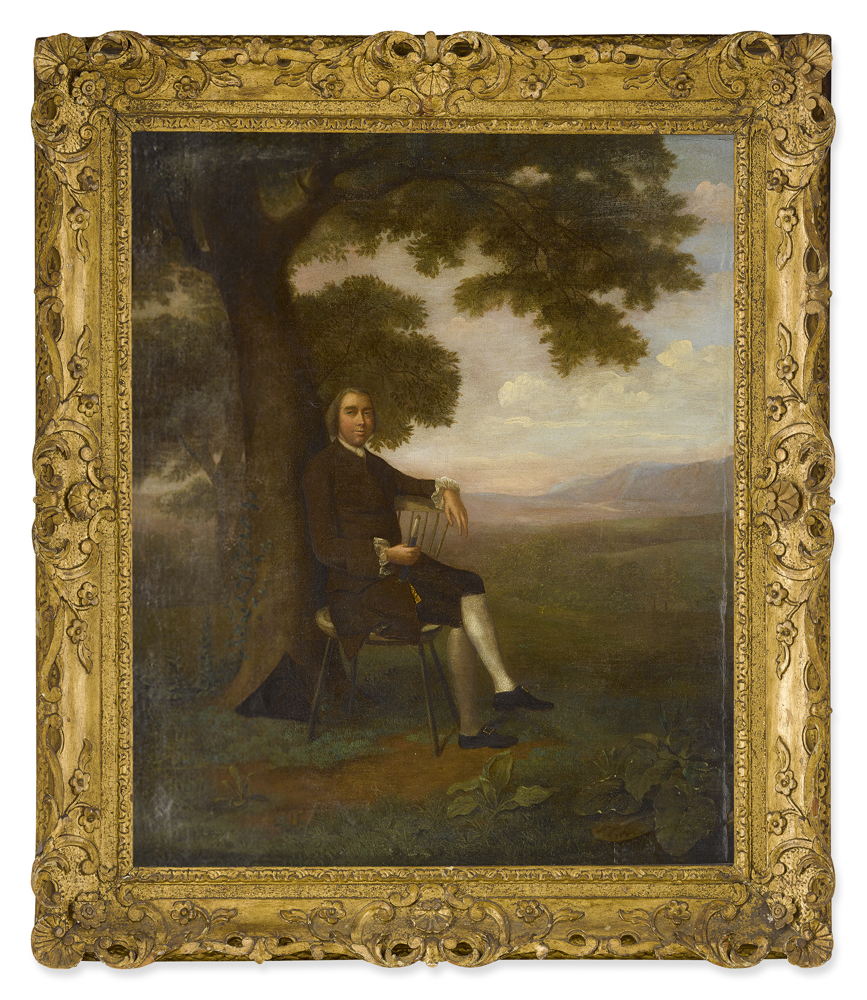 ARTHUR DEVIS | PORTRAIT OF A GENTLEMAN, FULL LENGTH, SEATED BENEATH A TREE BY THE COAST