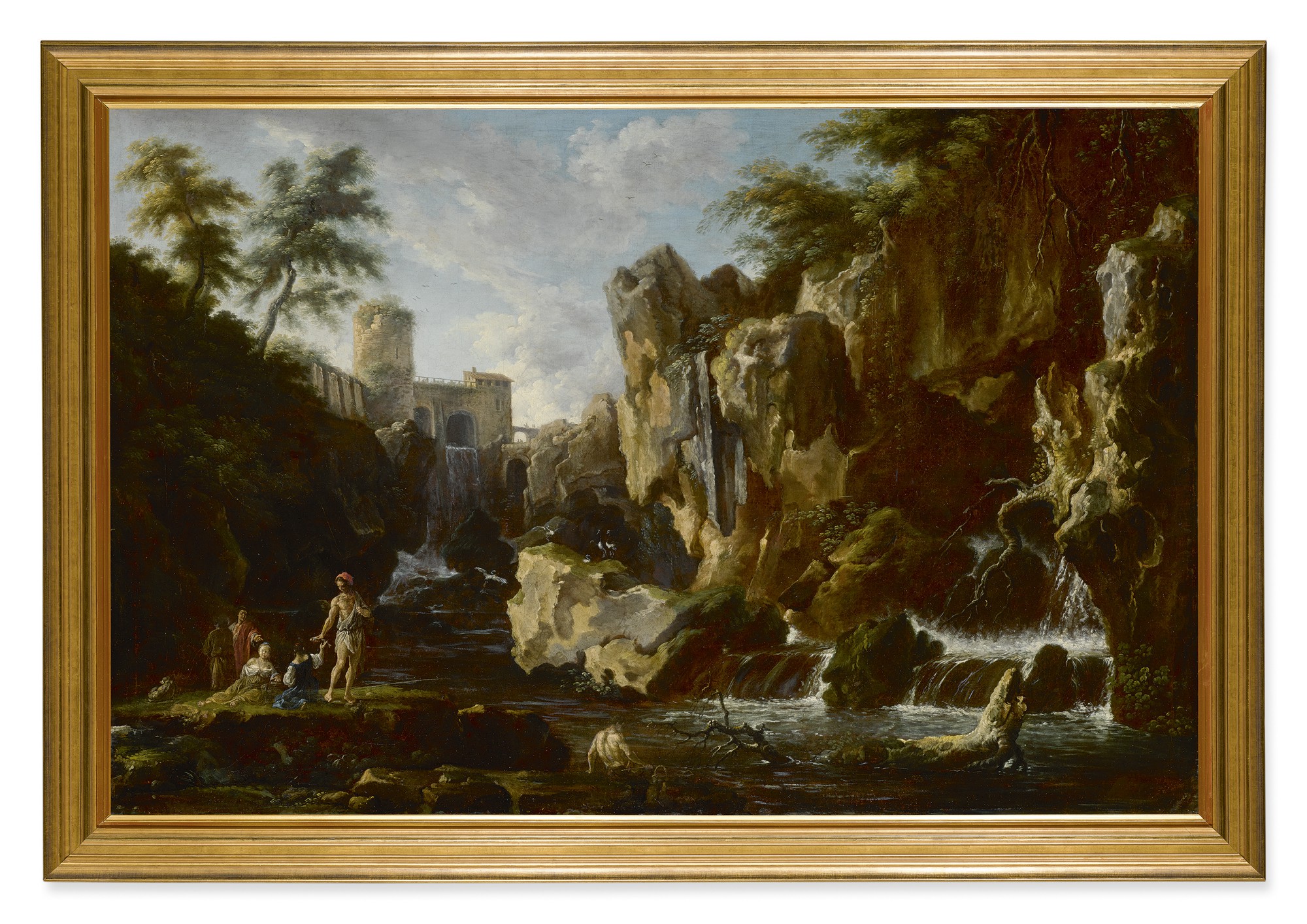 CIRCLE OF CLAUDE-JOSEPH VERNET | VIEW OF THE WATERFALLS AT TIVOLI WITH FISHER FOLK, THE VILLA OF MAECENAS BEYOND