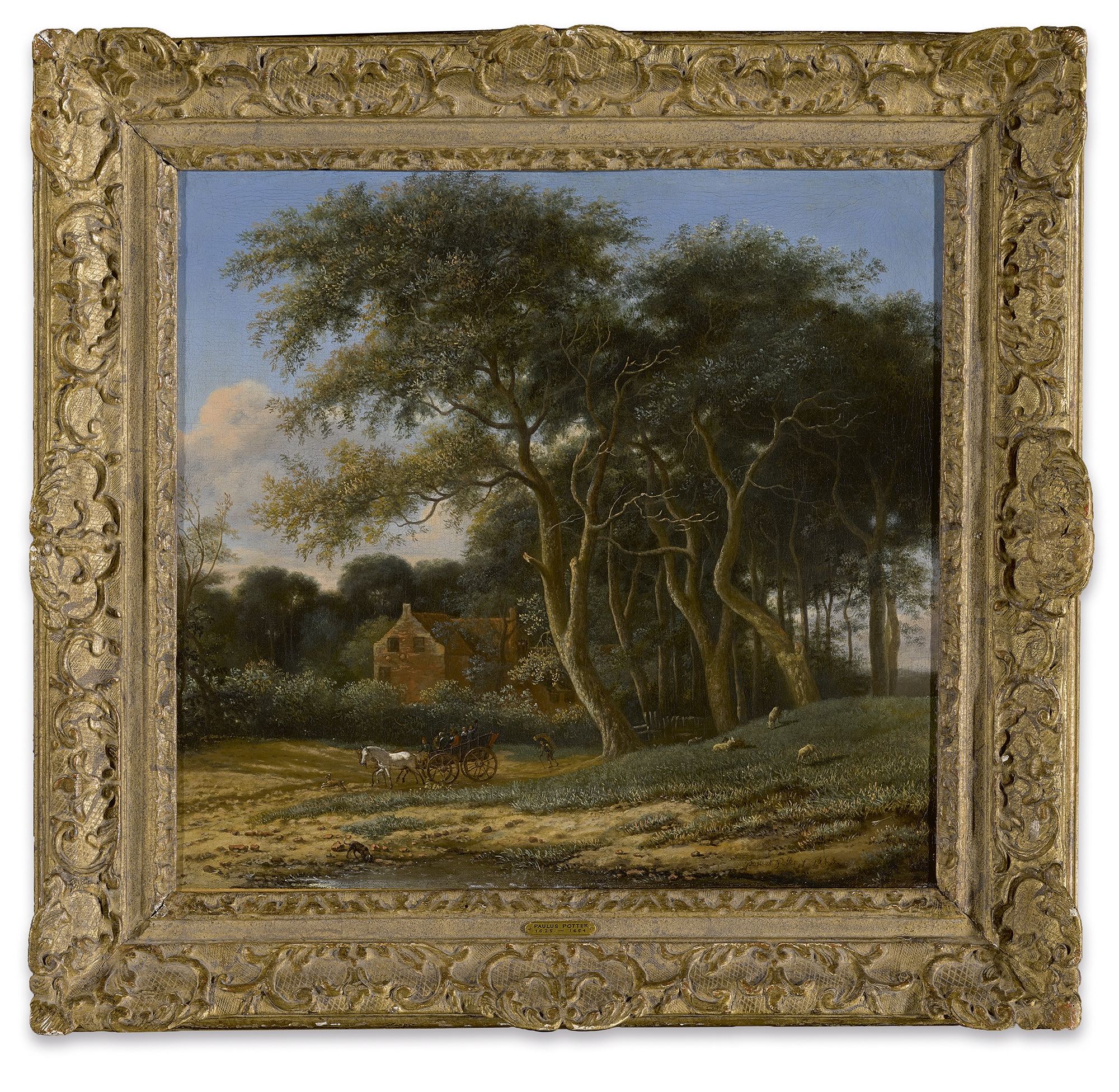 FOLLOWER OF PAULUS PIETERSZ. POTTER, 18TH CENTURY | WOODED LANDSCAPE WITH A CARRIAGE, FIGURES, AND SHEEP IN A FIELD