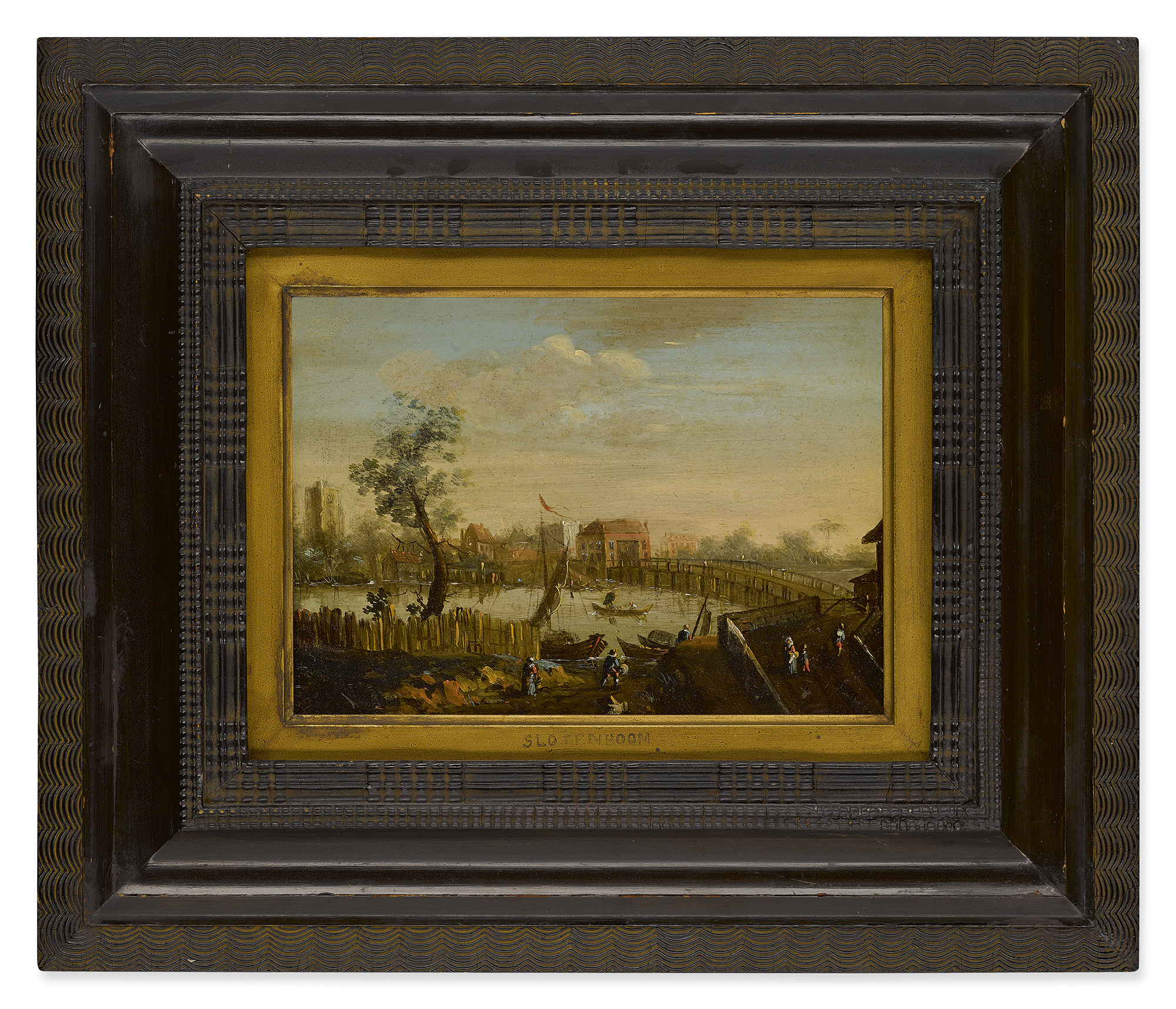 DUTCH SCHOOL, 19TH CENTURY | A RIVER LANDSCAPE WITH A BRIDGE, A VILLAGE BEYOND