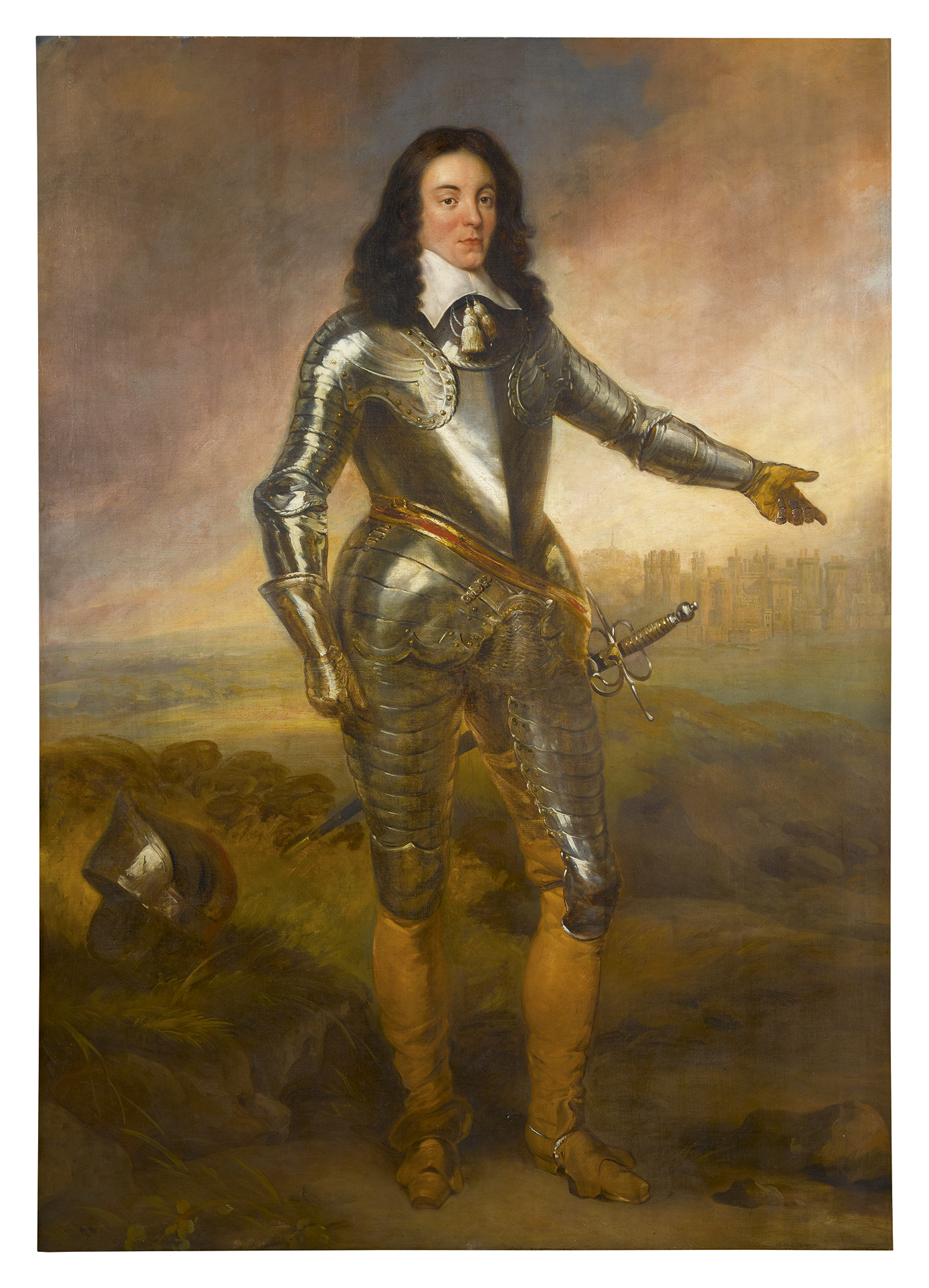 ENGLISH SCHOOL, 18TH CENTURY | PORTRAIT OF A GENTLEMAN, PROBABLY CAPTAIN JOSEPH POOLE OF SYKEHOUSE, WEARING ARMOR AND STANDING IN A LANDSCAPE