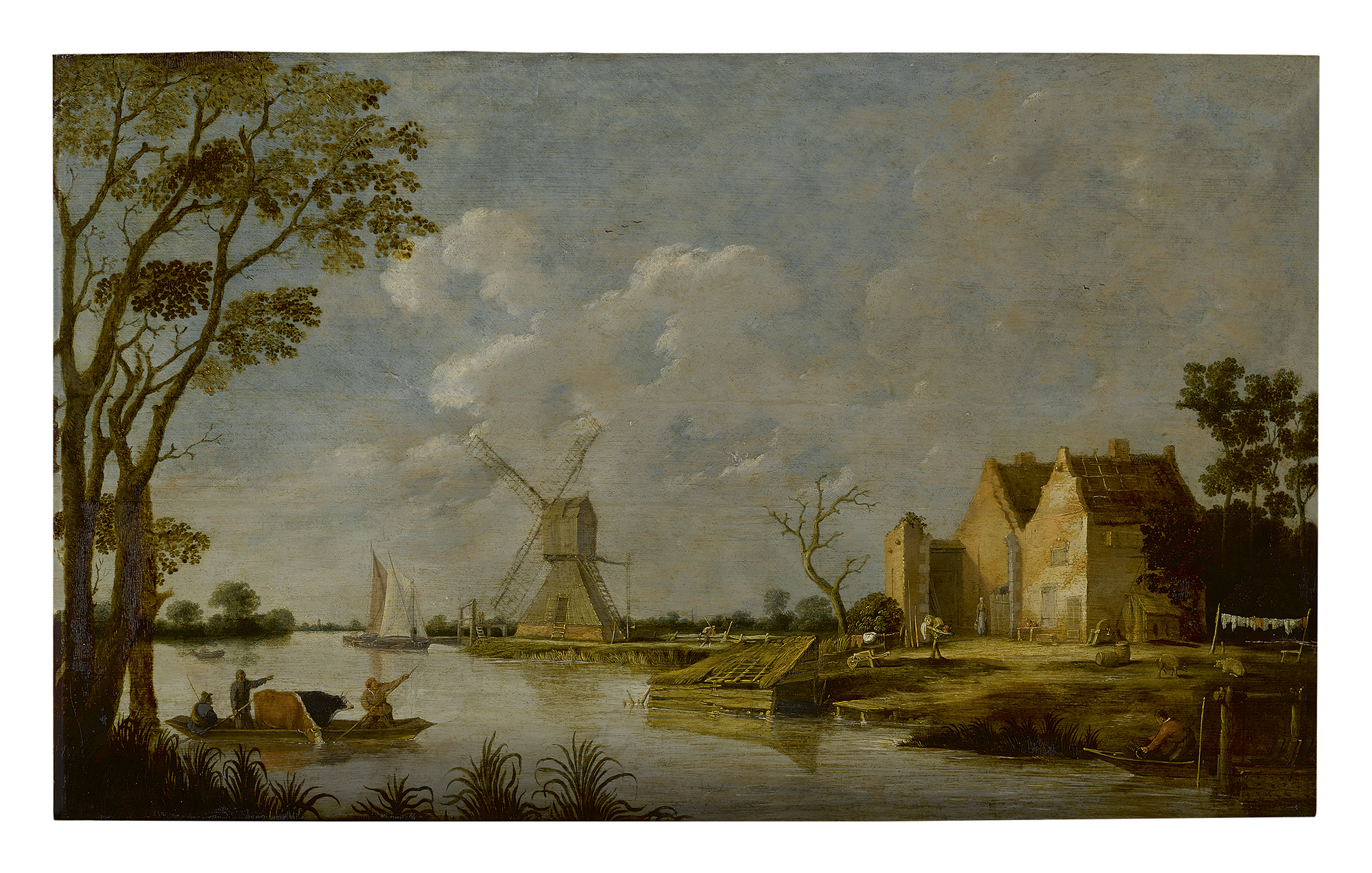 ATTRIBUTED TO PIETER DE BLOOT | A RIVERLANDSCAPE WITH FARMERS AND CATTLE ON A BOAT, AND A COTTAGE AND WINDMILL