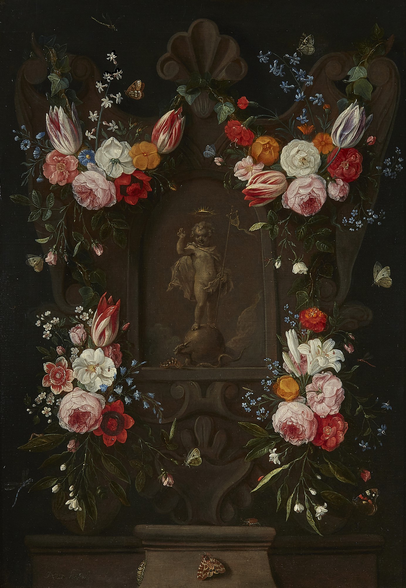 JAN VAN KESSEL THE ELDER | A SCULPTED CARTOUCHE WITH FLORAL STILL LIFE, WITH THE CHRIST CHILD AS SALVATOR MUNDI