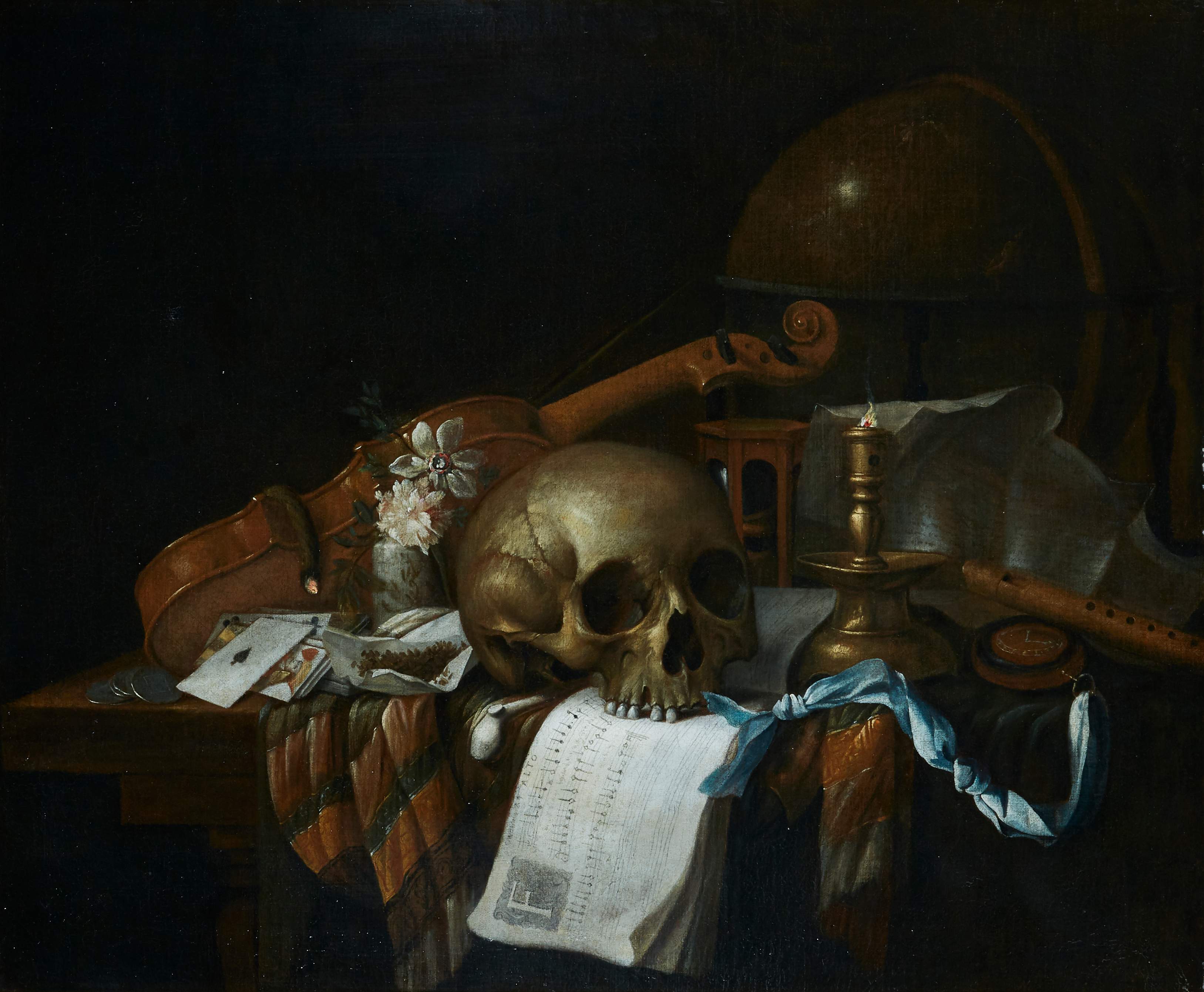 CORNELIS NORBERTUS GYSBRECHTS | VANITAS STILL LIFE WITH A SKULL, SHEET MUSIC, VIOLIN, GLOBE, CANDLE, HOURGLASS AND PLAYING CARDS, ALL ON A DRAPED TABLE