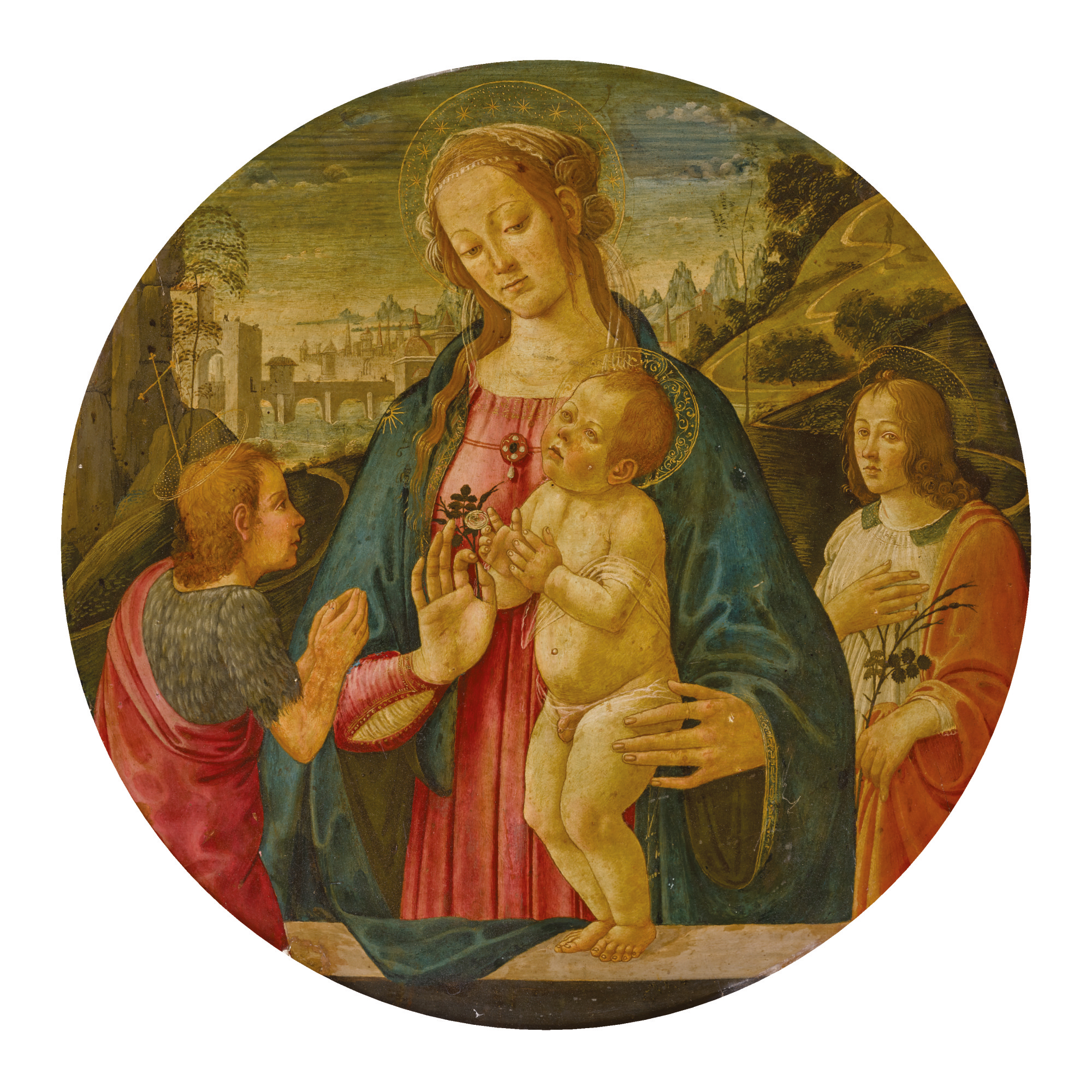 JACOPO DEL SELLAIO | MADONNA AND CHILD WITH AN ADORING ST. JOHN THE BAPTIST, ATTENDED BY A MALE SAINT, BEFORE A LANDSCAPE, A TONDO