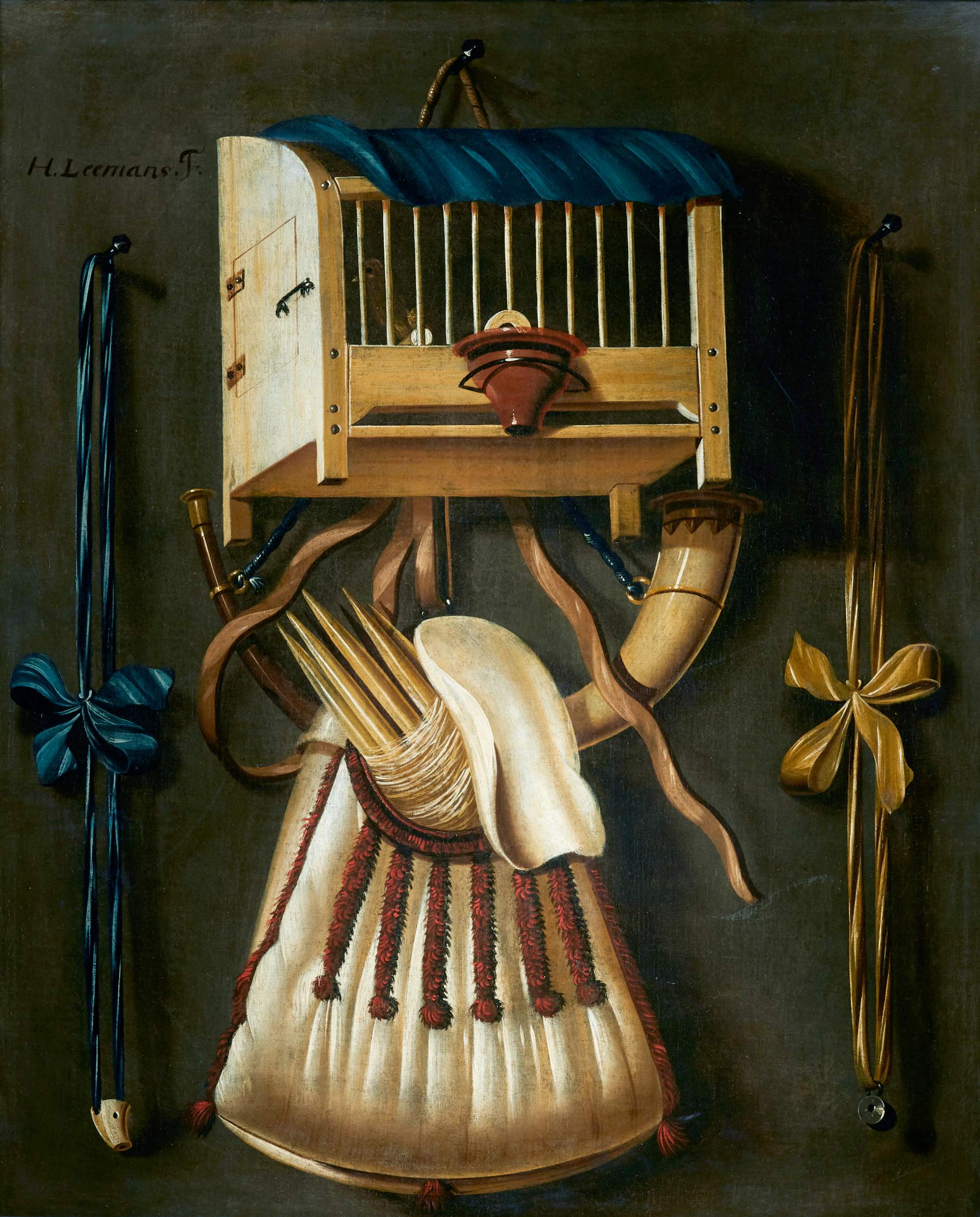 JOHANNES LEEMANS | TROMPE-L�ŒIL STILL LIFE WITH A BIRD CAGE AND HUNTING EQUIPMENT 