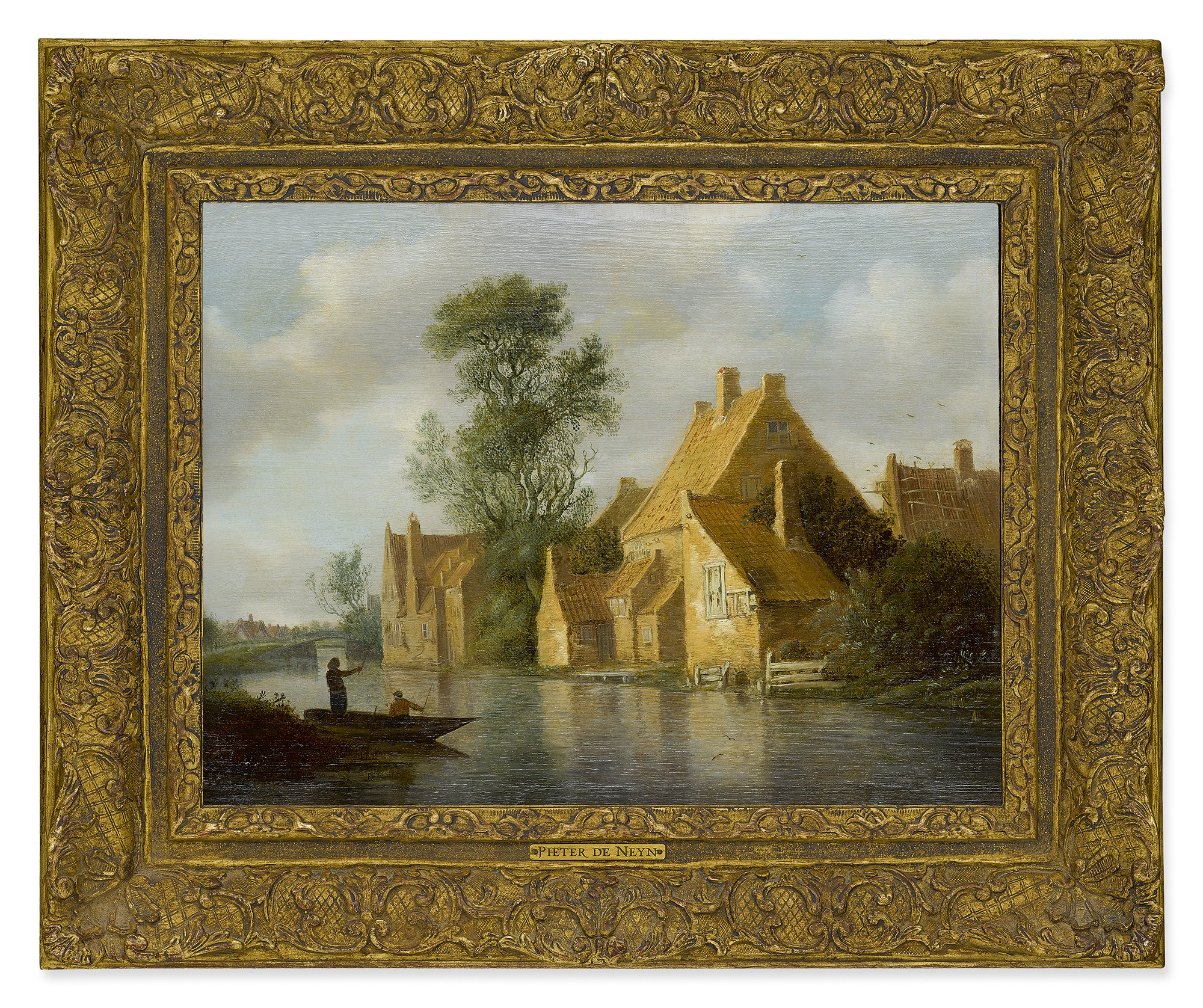 PIETER DE NEYN | A RIVER LANDSCAPE WITH FISHERMEN ON A BOAT AND COTTAGES ON AN EMBANKMENT