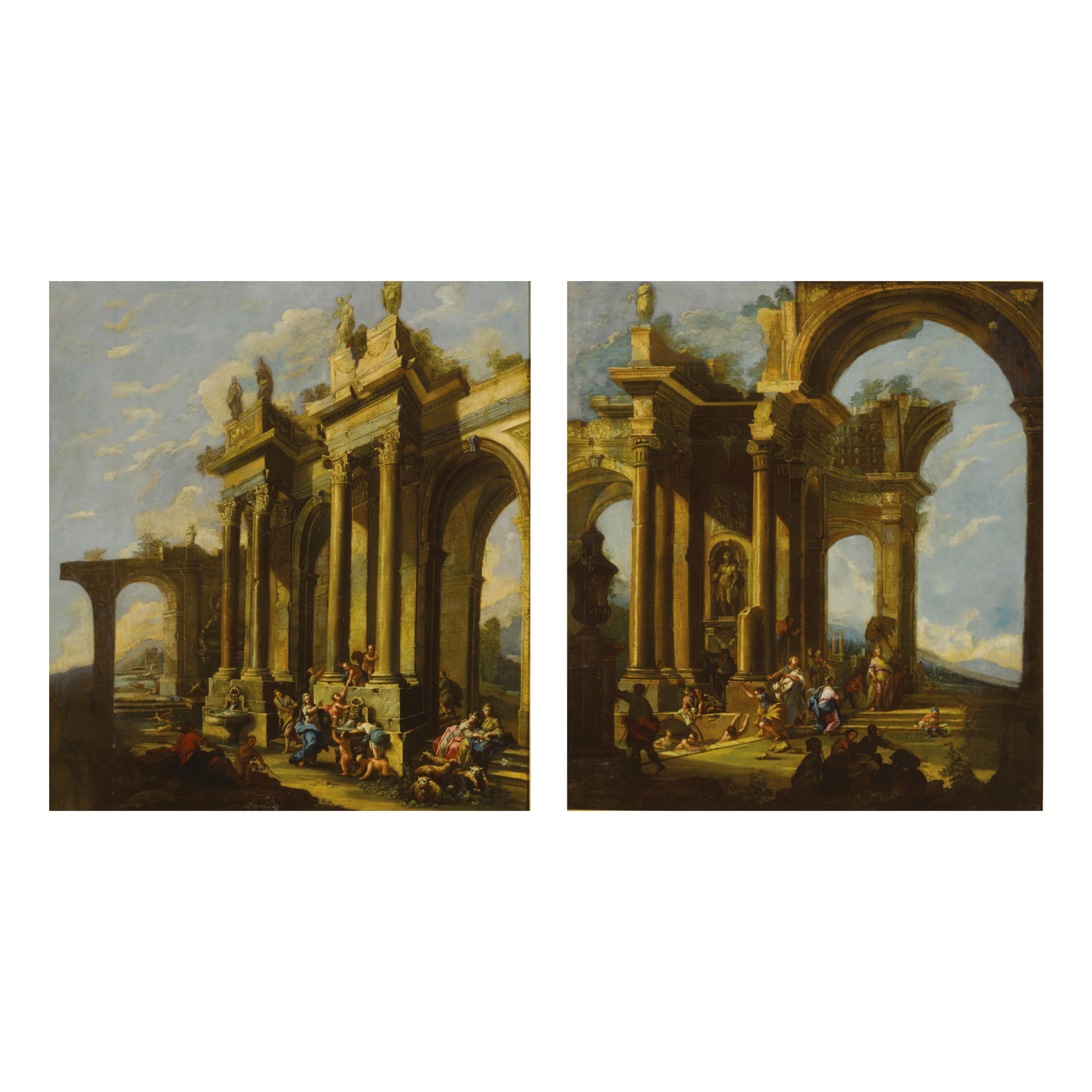 ATTRIBUTED TO PIETRO CAPELLI | A PAIR OF CAPRICCIO SCENES WITH TEMPLE RUINS AND FIGURES SWIMMING, DRINKING FROM A FOUNTAIN, AND SOCIALIZING
