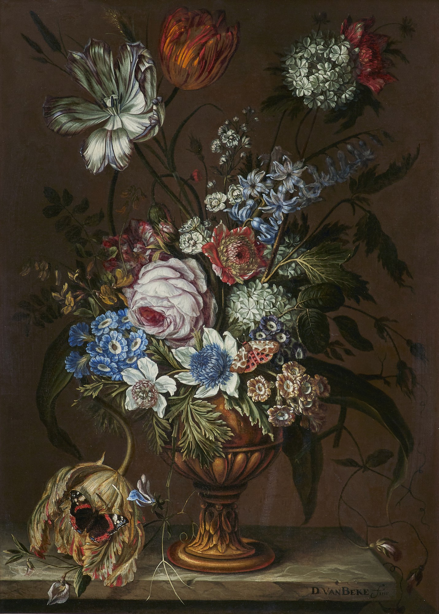 DANIEL VAN BEKE | STILL LIFE WITH ROSES, TULIPS, PRIMULAS, HYACINTHS AND OTHER SPRING FLOWERS IN A VASE ON A MARBLE LEDGE